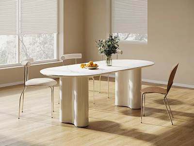 Oval White Modern Dining Table Set With Silver Legs Four Chairs And Green Plant Vase 3d model