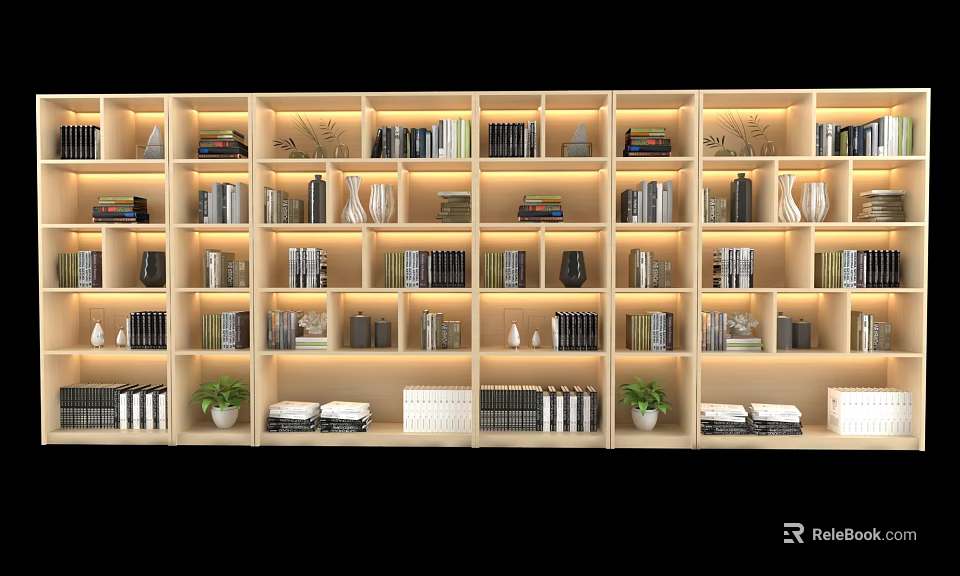 Modern Open Bookshelf Design With Multiple Compartments Books Decorative Items And Potted Plants 3d model 