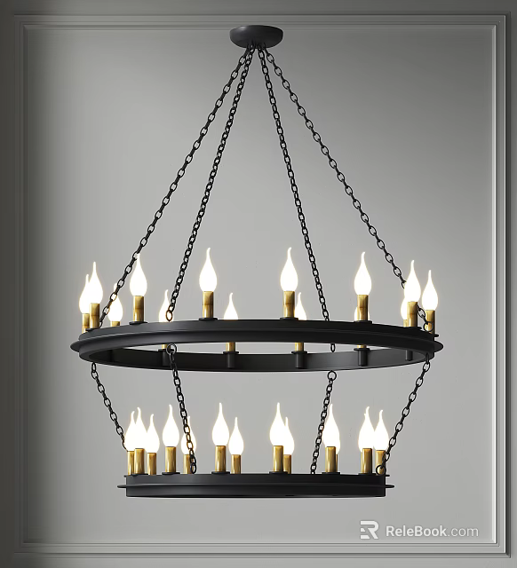 Modern Double Ring Chandelier With Black Metal Frame And Brass Candle Bulbs 3d model 