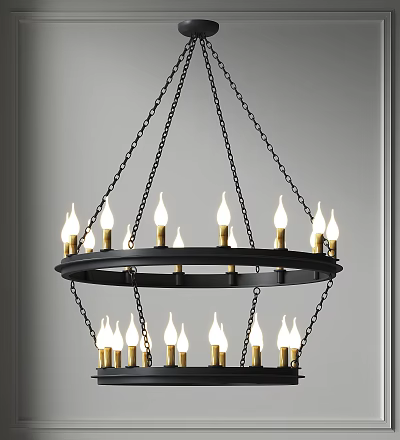 Modern Double Ring Chandelier With Black Metal Frame And Brass Candle Bulbs 3d model