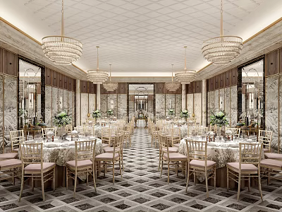 Elegant Restaurant Interior With Crystal Chandeliers Marble Walls Checkerboard Floor And Flower Vases 3d model