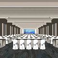 Modern Conference Room Interior With Rows Of Tables White Chair Covers And Large Screen