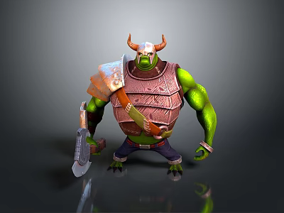 Detailed Green Skinned Horned Armored Fantasy Character Holding Battle Axe 3d model