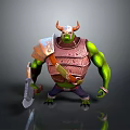 Detailed Green Skinned Horned Armored Fantasy Character Holding Battle Axe