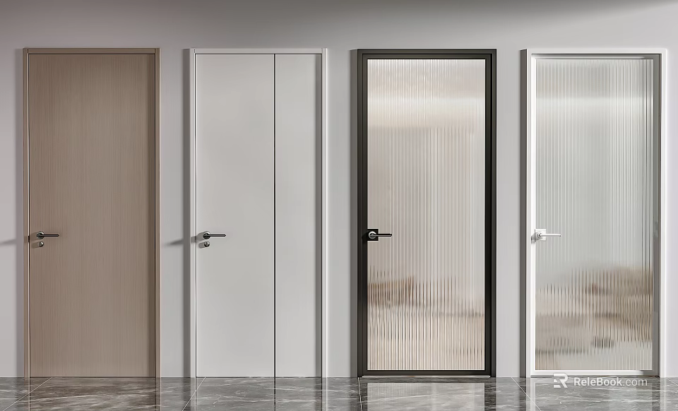 Modern Swing Doors Collection With Wooden White Glass Black Frame And Frosted Panels 3d model 
