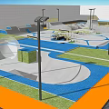 Skate Park Design With Ramps Paths And Colored Surfaces Featuring Lamp Posts 3d model