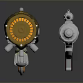 Sci Fi Yellow And Silver Weapon Featuring Complex Mechanical Structure Circular Details And Cannon Barrel