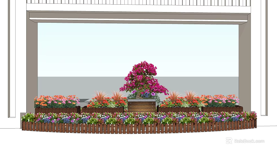 Vibrant Floral Display With Central Bouquet And Colorful Flowers Along Wooden Fence 3d model 