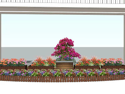 Vibrant Floral Display With Central Bouquet And Colorful Flowers Along Wooden Fence 3d model