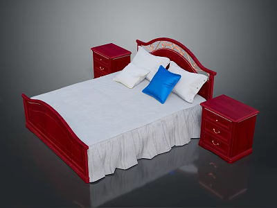 Classic Red Wooden Bed Frame With White Sheet Two Nightstands And Blue Pillow 3d model
