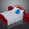 Classic Red Wooden Bed Frame With White Sheet Two Nightstands And Blue Pillow