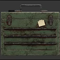 Green Vintage Metal Toolbox with Rustic Handle Latches and Small Tag
