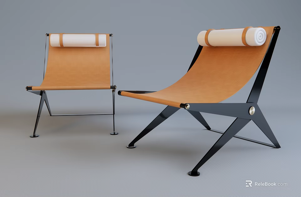 Modern Orange Lounge Chairs With Black Metal Frames And White Rolled Backrests 3d model 