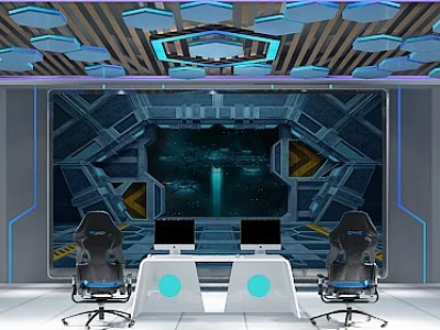 White Office Desk Setup With Two Chairs Computers Futuristic Starry Wall And Blue Hexagonal Ceiling 3d model