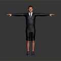 Man in suit jacket and tie with black shorts and purple sneakers standing arms outstretched