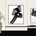 Modern Interior Decor Featuring Two Abstract Black Line Paintings Vase With Plants And Bench