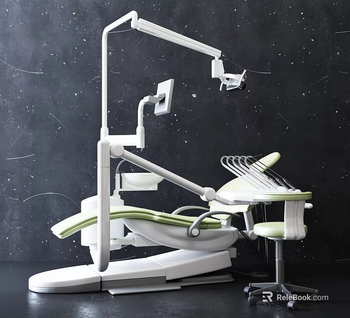 Modern Dental Treatment Chair with White Green Design Instrument Arm and Lighting 3d model 