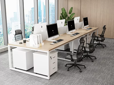 Modern Office Desk With Computer Monitors Keyboards White Drawers Chairs Window City View Green Plant 3d model