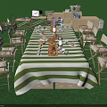 Outdoor Chairs Around Long Green And White Striped Table With Food Drinks Utensils On Grass