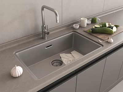Contemporary Gray Kitchen Sink with Stainless Steel Faucet and Cutting Board with Vegetables on Countertop 3d model