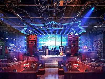 Modern Bar Interior with Stage Lighting Comfortable Seating and Stylish Decor Elements 3d model