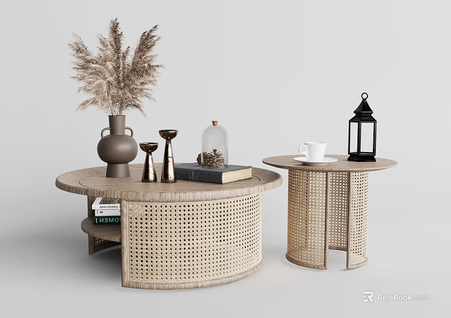 Round Woven Coffee Tables With Pampas Grass Vase Lantern Cup Books And Glass Jar 3d model 