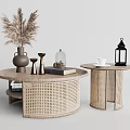 Round Woven Coffee Tables With Pampas Grass Vase Lantern Cup Books And Glass Jar