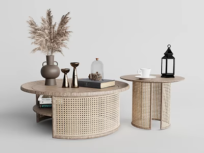 Round Woven Coffee Tables With Pampas Grass Vase Lantern Cup Books And Glass Jar 3d model