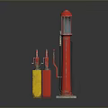 Vintage Industrial Equipment With Red Column Yellow Box Valves And Pipes