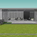 Modern Outdoor Pergola Design With Glass Curtain Wall Stone Columns Outdoor Furniture And Greenery