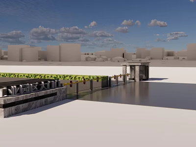 Modern Entrance Gate With Greenery Decoration Smooth Flooring And Urban Background 3d model