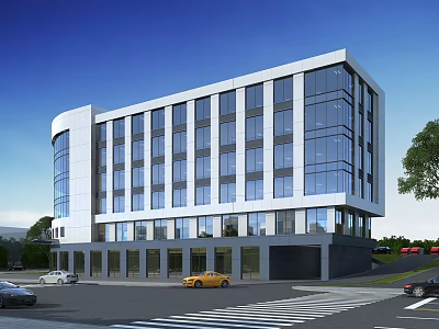 Aerial Planning of Modern Multi Storey Building with Glass Facade Street Vehicles and Greenery 3d model