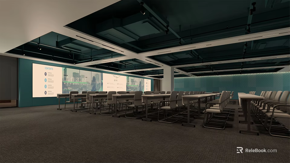 Modern Meeting Room Interior With Long Tables Chairs And Projection Screen 3d model 