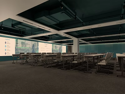 Modern Meeting Room Interior With Long Tables Chairs And Projection Screen 3d model
