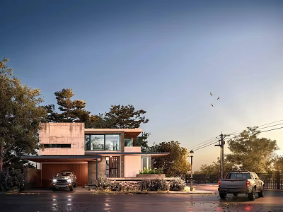 Modern Detached Villa Exterior Featuring Large Windows Trees Parked Cars and Sunset Sky 3d model