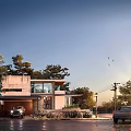 Modern Detached Villa Exterior Featuring Large Windows Trees Parked Cars and Sunset Sky