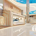 Hotel Lobby Interior with Elegant Lighting Wooden Decor Reception Desk and Mountain Water Pattern Wall
