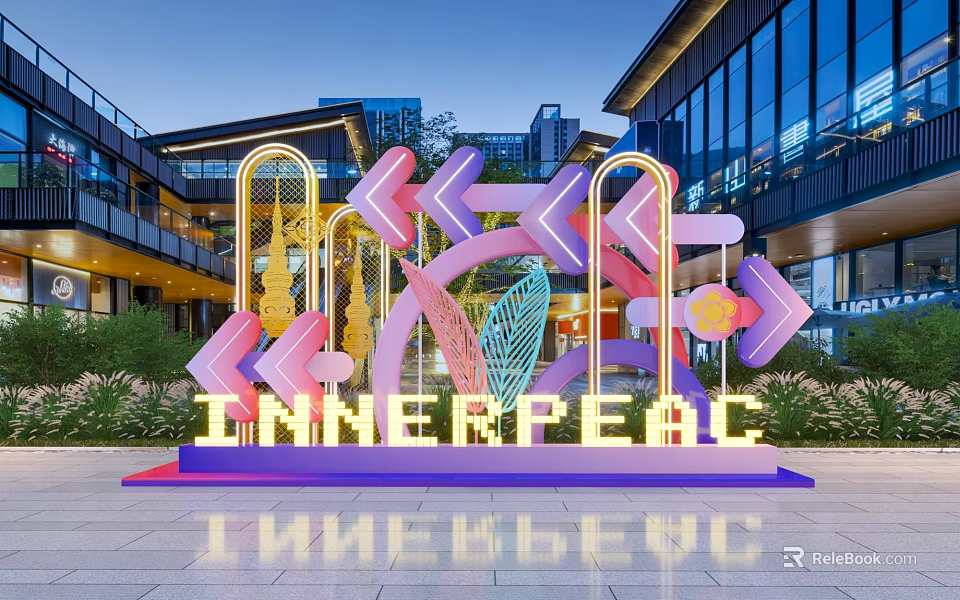 Vibrant Outdoor Photo Check In Spot With Colorful Arches Neon Lights And Innerpeace Art Installation 3d model 