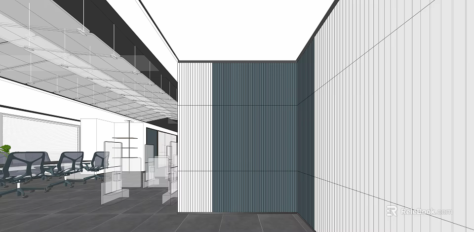 Modern Office Interior Design With Striped Gray And White Walls And Office Desk 3d model 