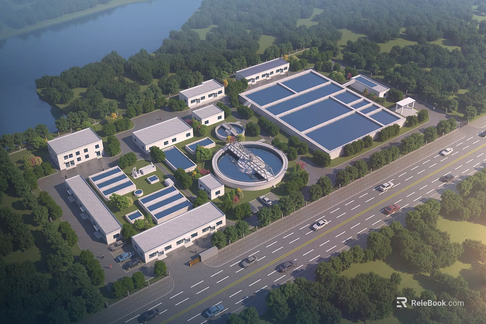 Industrial Factory Complex With Multiple Buildings Circular Facility Surrounding Green Vegetation River And Road 3d model 