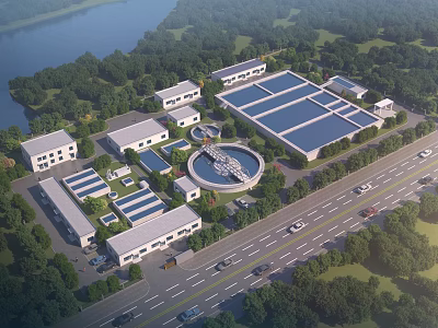 Industrial Factory Complex With Multiple Buildings Circular Facility Surrounding Green Vegetation River And Road 3d model