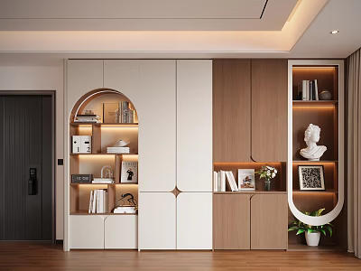 Modern Decorative Cabinet With White And Wooden Design Illuminated Shelves Books Sculptures And Vase 3d model