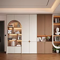 Modern Decorative Cabinet With White And Wooden Design Illuminated Shelves Books Sculptures And Vase