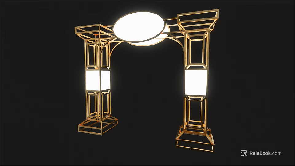 Golden Geometric Frame Archway With Circular Top Light And Rectangular Side Lamps 3d model 