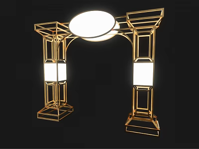 Golden Geometric Frame Archway With Circular Top Light And Rectangular Side Lamps 3d model