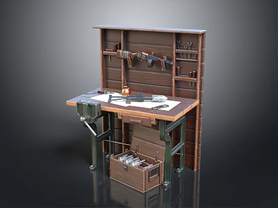 Wooden Work Desk With Upper Shelf Tools Drawer Metal Legs And Below Storage Crate 3d model