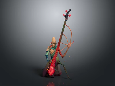 Game Fantasy Character Wearing Pointed Hat Ornate Outfit Holding Red Long Stringed Instrument 3d model