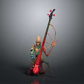 Game Fantasy Character Wearing Pointed Hat Ornate Outfit Holding Red Long Stringed Instrument