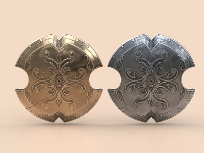 Ornate Metal Shields With Gold And Silver Designs 3d model