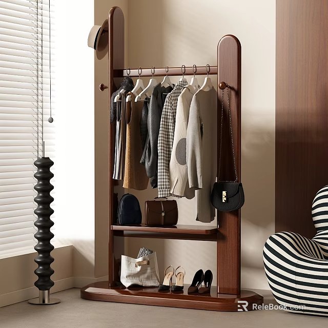 Stylish Clothes Hanging on Wooden Rack with Bags and Shoes in Indoor Corner 3d model 